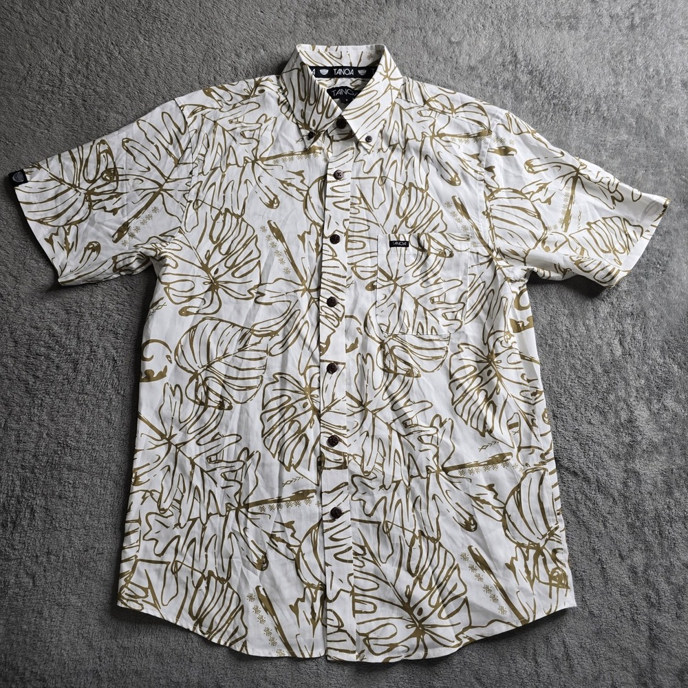 Tanoa Samoa Hawaiian Tribal Shirt Mens Small White Brown Leaf Short Sleeve